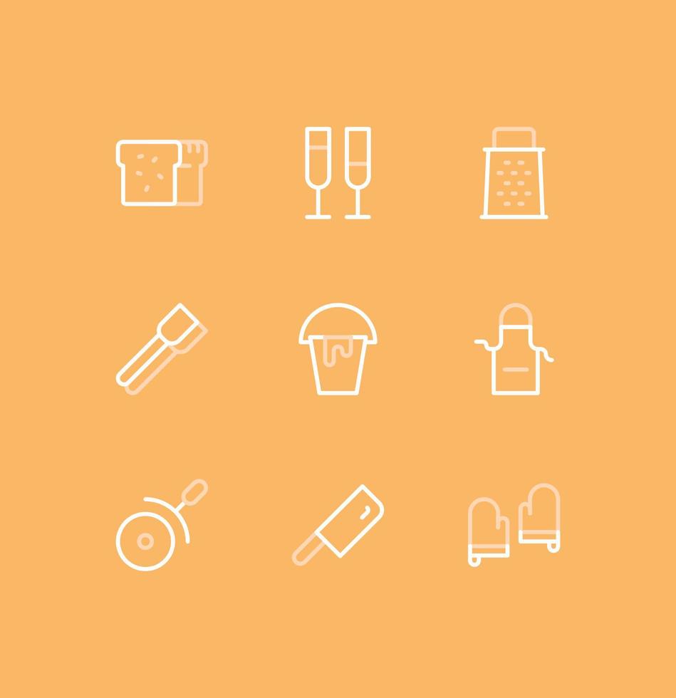 conjunto de ícones de cozinha e cozinha, tempo de fritura, utensílios de cozinha e vetores de variedade linear.