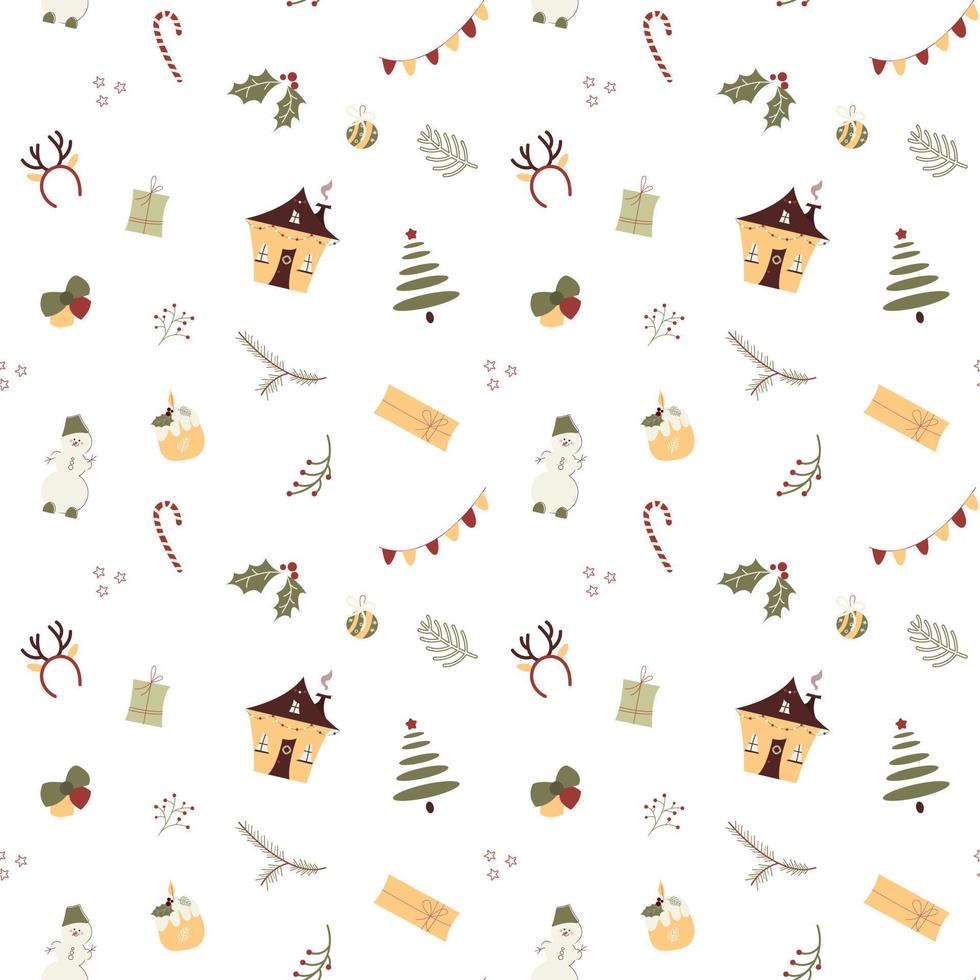 padrão sem emenda de Natal com elementos de design festivos. árvore de natal, casa decorada fofa, boneco de neve, vela, ilustrações florais. repita a textura do ano novo isolada no fundo branco vetor