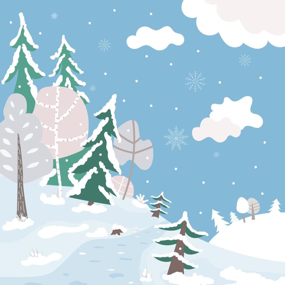 paisagem de floresta de inverno bonito dos desenhos animados. fundo do parque nevado. ilustração vetorial plana vetor