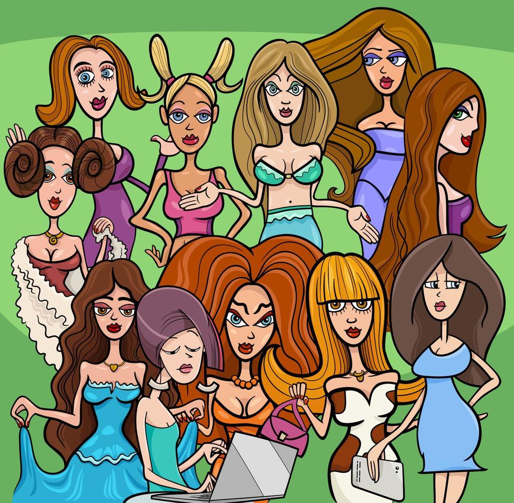 grupo de personagens de quadrinhos de meninas ou mulheres dos desenhos animados vetor