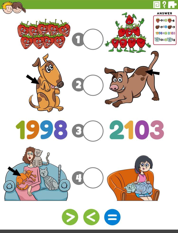 maior menos ou igual tarefa de desenho animado de matemática para crianças vetor