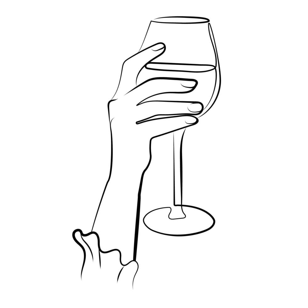 mão de uma mulher segurando vinho de vidro ou outra bebida, ilustração isolada em vetor de desenho de linha simples. copo de vinho na mão.elemento de design para impressão na moda, cartões, cartões postais, modelo de arte de linha