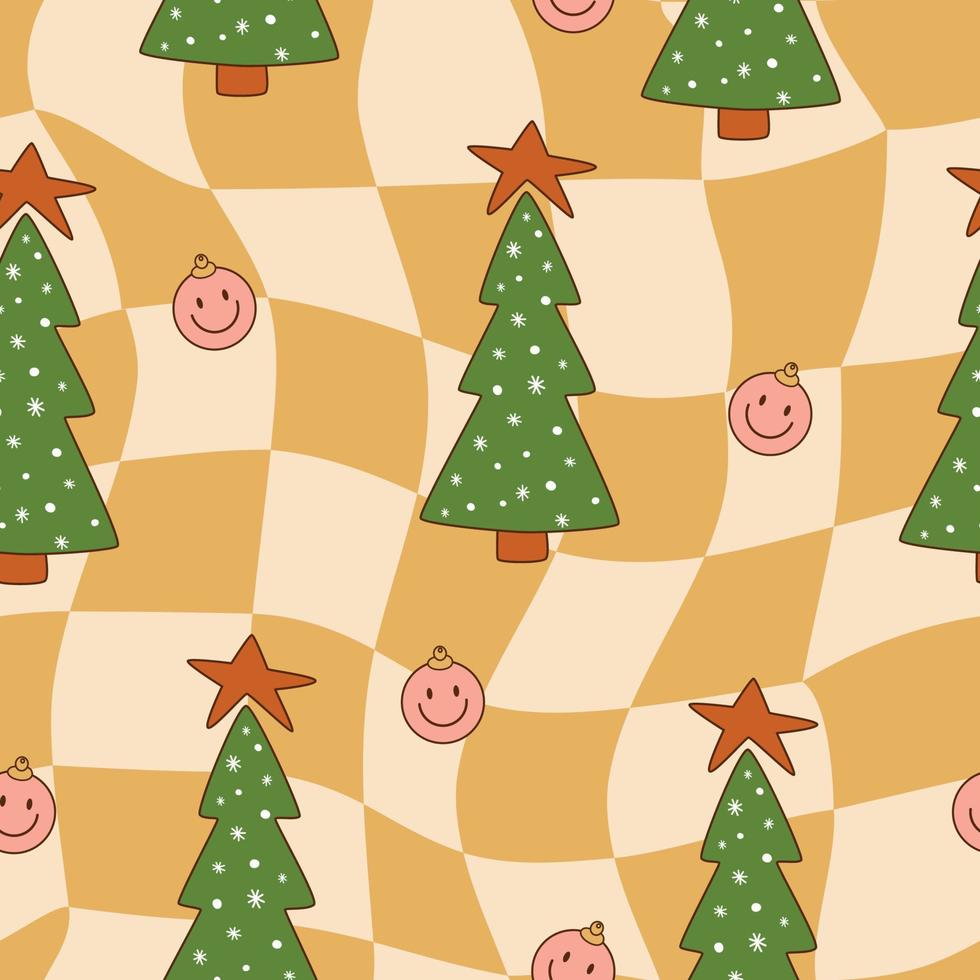 padrão sem emenda de natal groovy. retro dos anos 70 hippie groovy fundo da árvore de natal retro dos anos 60 rosto sorridente. fundo xadrez groovy para design de superfície vintage de férias de inverno. ilustração vetorial. vetor