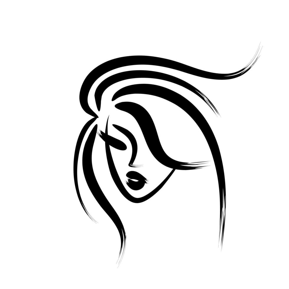 logotipo de penteado. ícone de cabelo exuberante. emblema do salão de beleza. rosto na mulher de perfil. desenho de pincel isolado. ilustração vetorial de estilo simples vetor