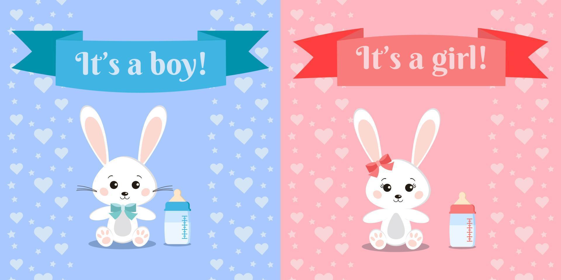 ilustração vetorial com coelhos fofos e doces de menino e menina e mamadeira. vetor