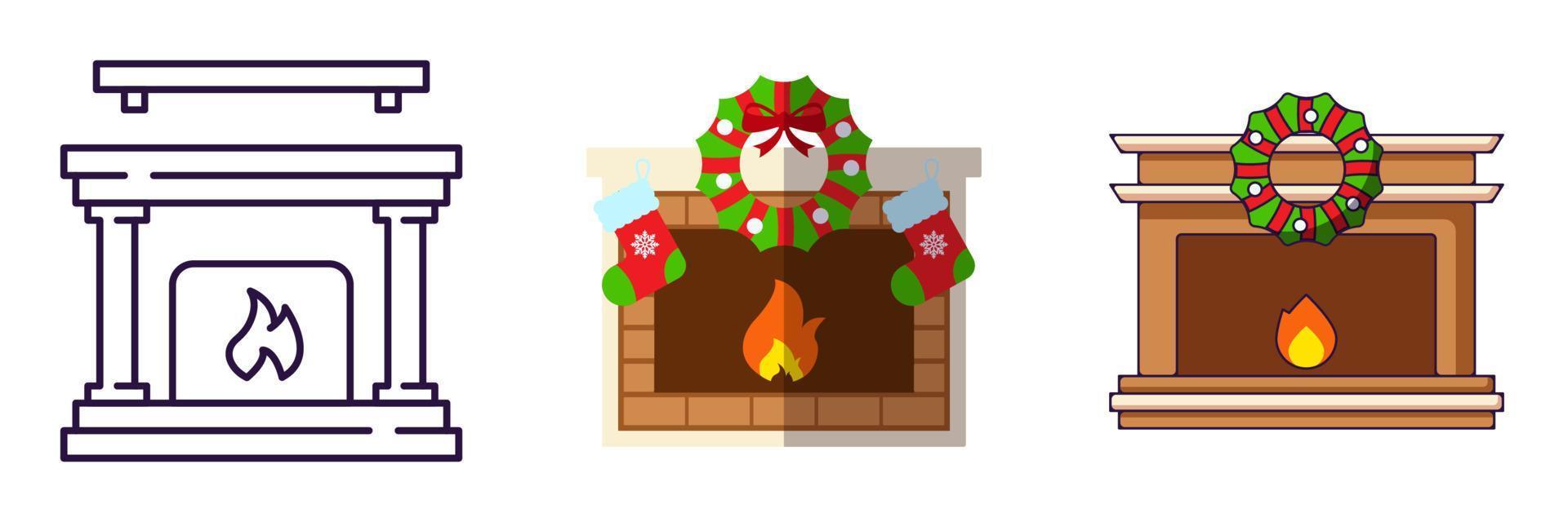 feliz natal e feliz ano novo conceito. coleção de ícone de lareira em linha, estilos planos e desenhos animados para sites, anúncios, artigos, lojas, lojas vetor