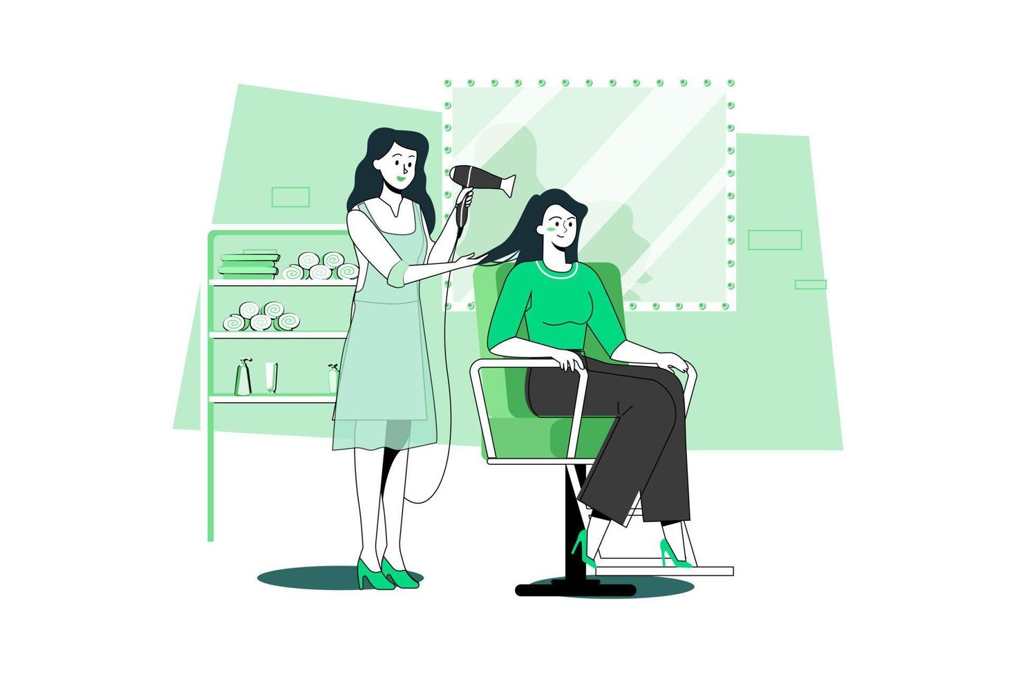 cabeleireiro seca um novo penteado para um cliente em um salão de cabeleireiro. vetor