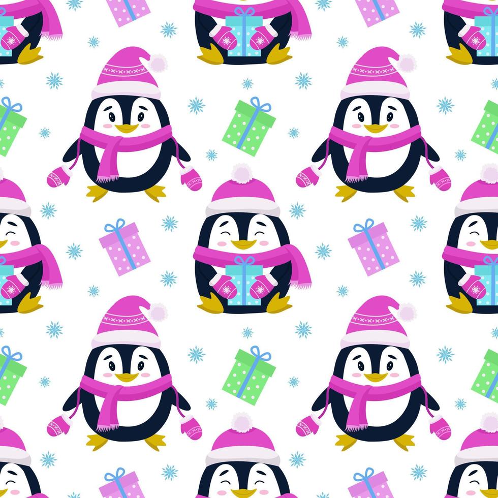 padrão sem emenda de vetor com a imagem de pinguins, presentes e flocos de neve. impressão vetorial perfeita em tecidos infantis, papel de parede, têxteis, embalagens, design.