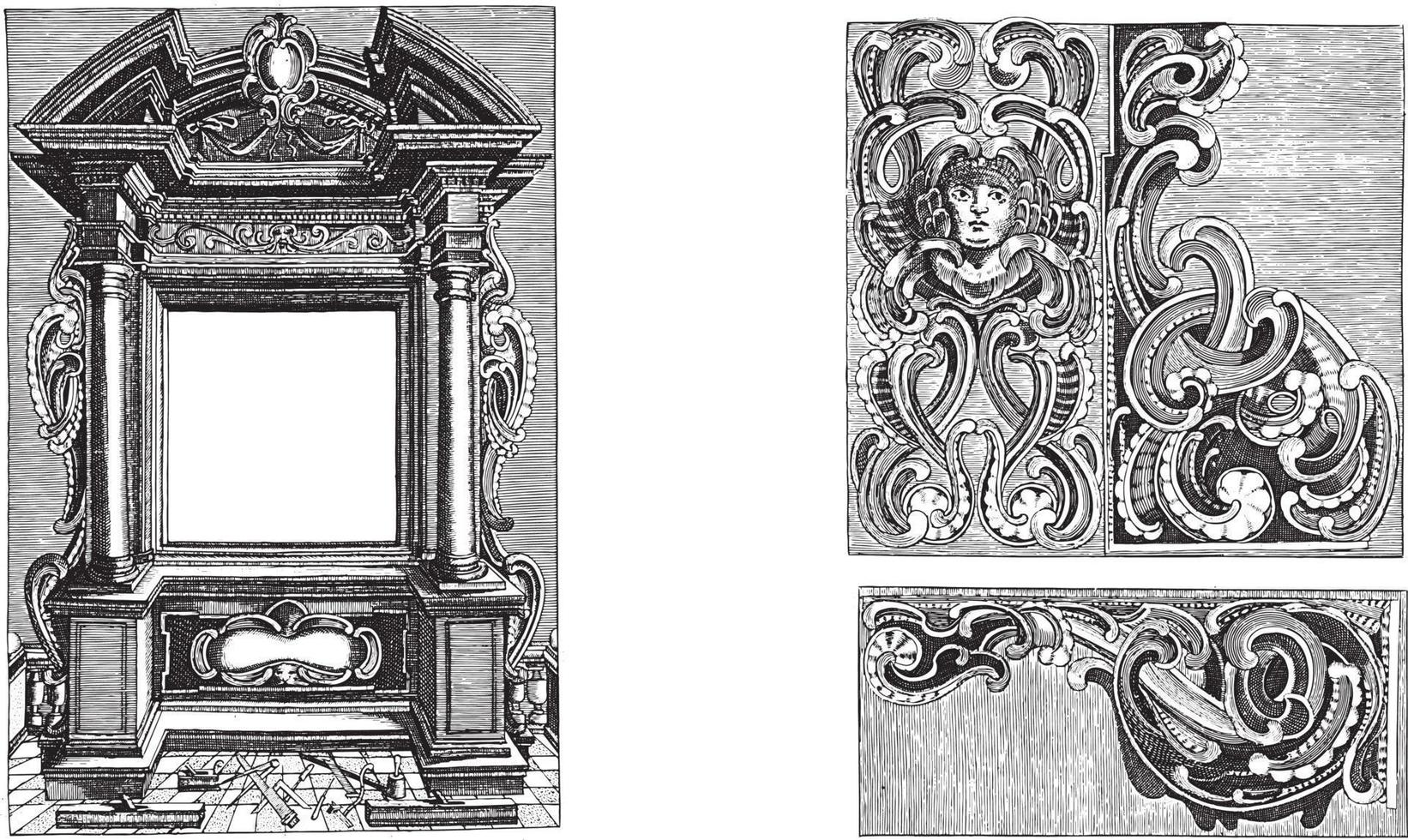 enquadramento de título arquitetônico e três ornamentos em estilo de lóbulo, ilustração anônima, vintage. vetor