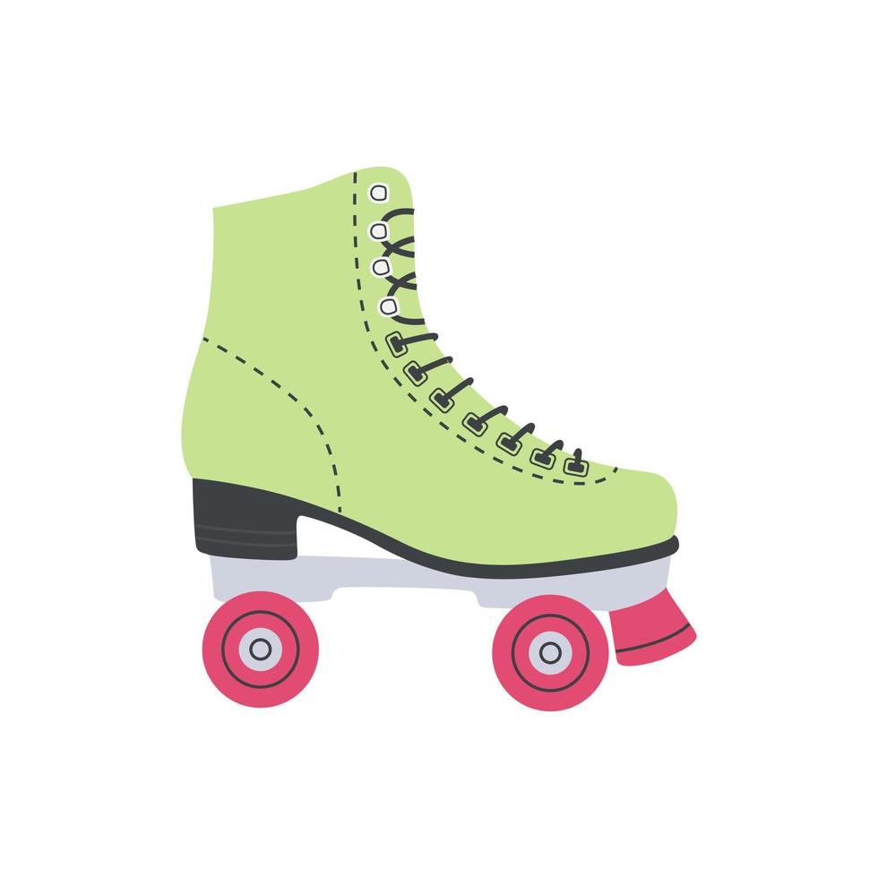 patins verdes, patins vintage. meninas vestindo estilo de moda retrô dos anos 70 e 80. esporte e discoteca. ilustrações fofas em tons pastel da moda. patins em quadrinhos desenhados à mão. vetor