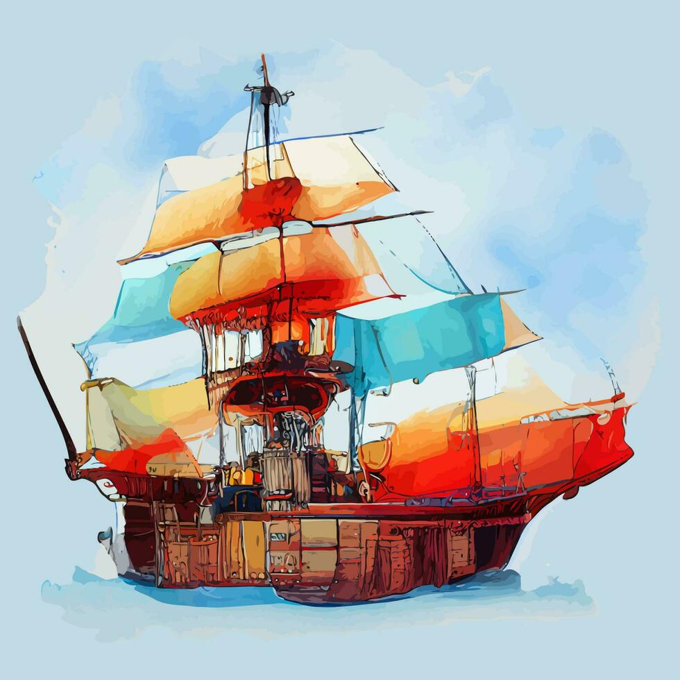 gráfico de ilustração vetorial de navio pirata em estilo aquarela bom para impressão em design de cartão postal, pôster ou camiseta vetor