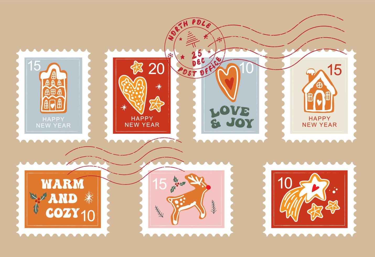 coleção de selos postais de natal desenhada à mão. vetor
