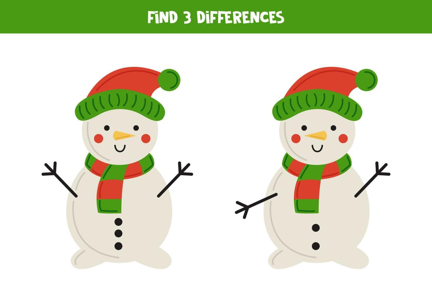 encontre 3 diferenças entre dois bonecos de neve fofos. vetor