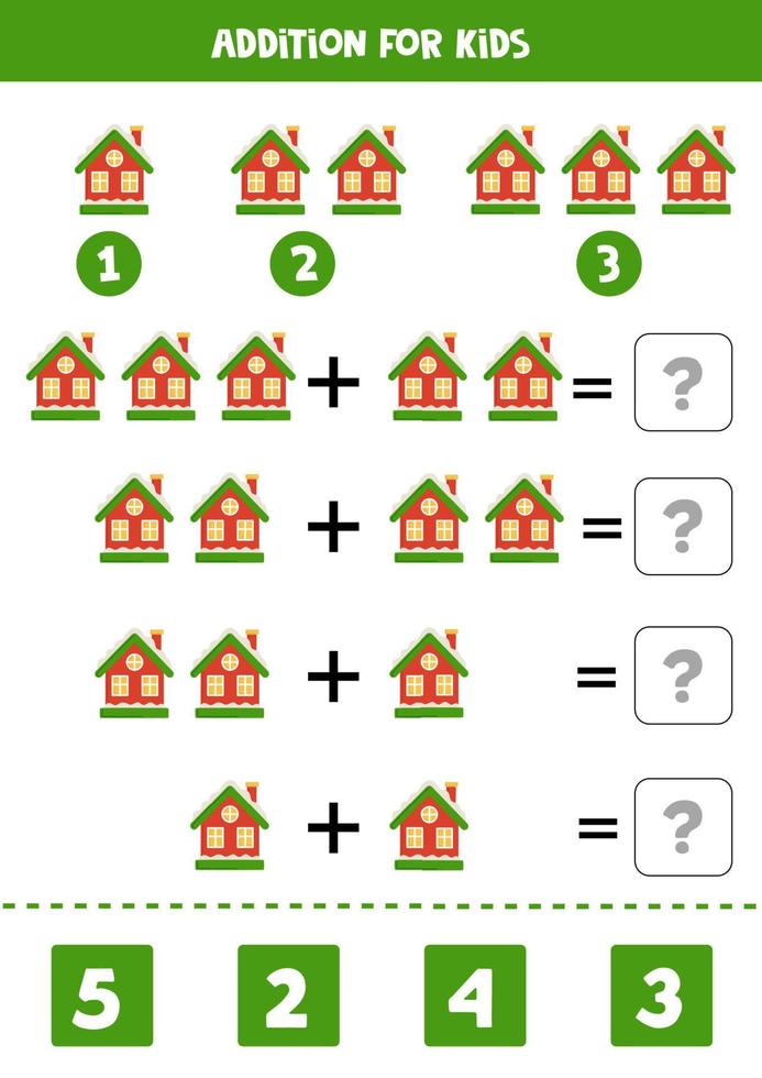 adição para crianças com casa de natal desenhada à mão. vetor