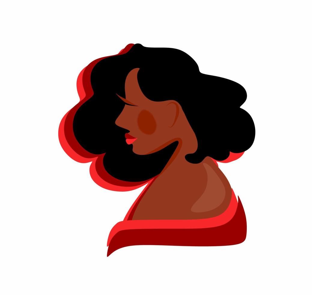 uma mulher afro-americana com lindos e exuberantes cabelos pretos de veterinária. um belo retrato de uma senhora negra. rosto de perfil. ilustração artística de uma mulher negra de vestido vermelho. vetor