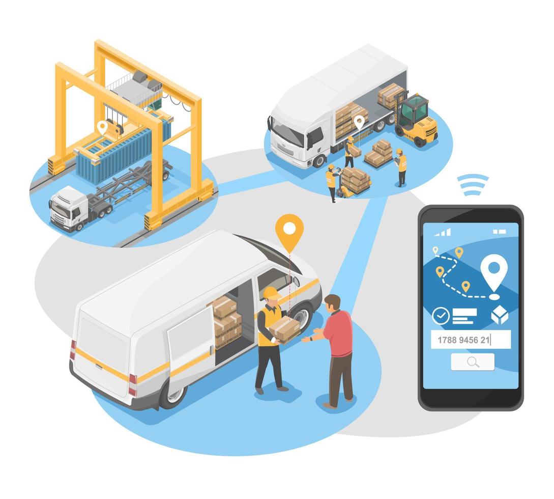 conceito de logística de gerenciamento de processos de aplicativos de rastreamento com armazém de envio e símbolos vetoriais isométricos de entrega vetor