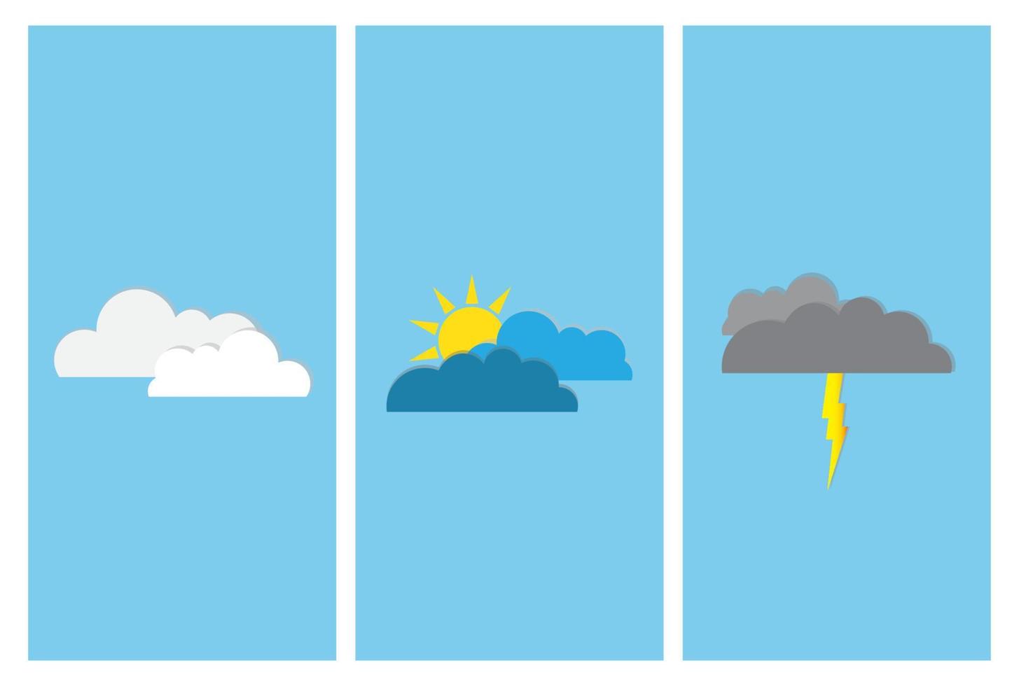 cartazes verticais com nuvens. widgets de aplicativos de previsão do tempo. trovoada, nuvens, dia ensolarado. ilustração vetorial. vetor