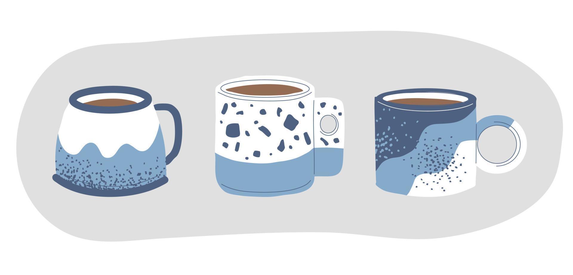 um conjunto de canecas artesanais. chá e café em belas xícaras elegantes. padrões em pratos de cerâmica vetor