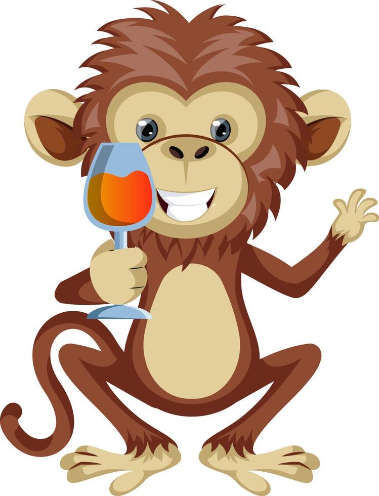 macaco com copo de vinho, ilustração, vetor em fundo branco.