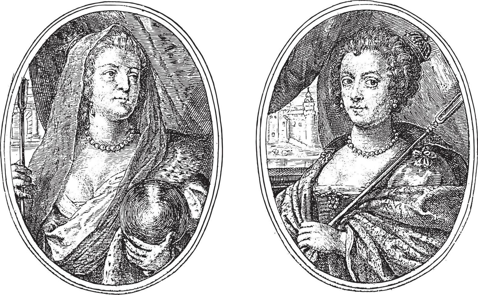 retratos de maria de 'medici e elisabeth da espanha, tanto como pastora, ilustração vintage. vetor