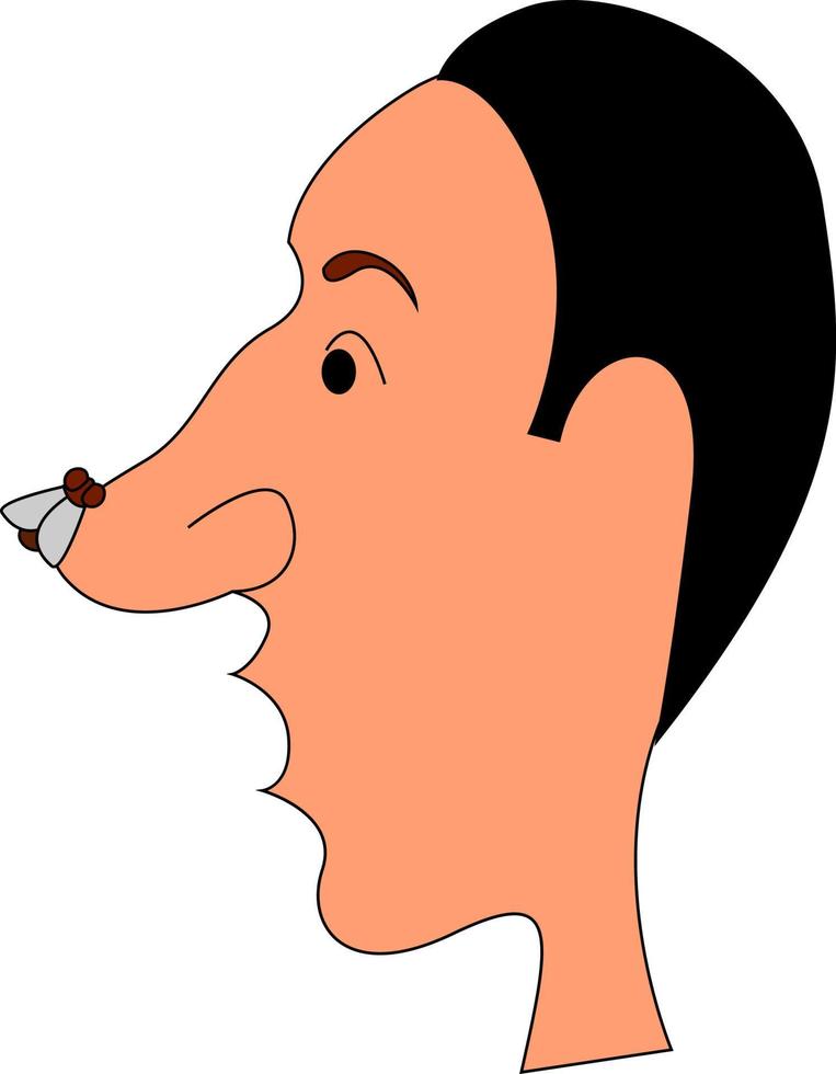 grande mosca no nariz do homem, ilustração, vetor em fundo branco.