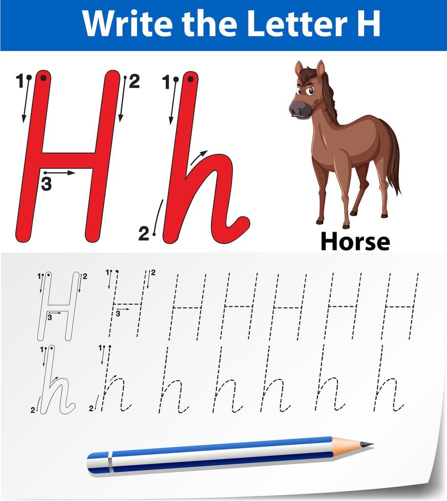 letra h traçando planilha de alfabeto com cavalo vetor