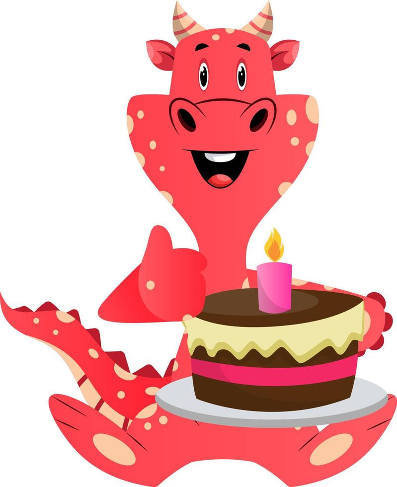dragão vermelho está segurando o bolo, ilustração, vetor em fundo branco.