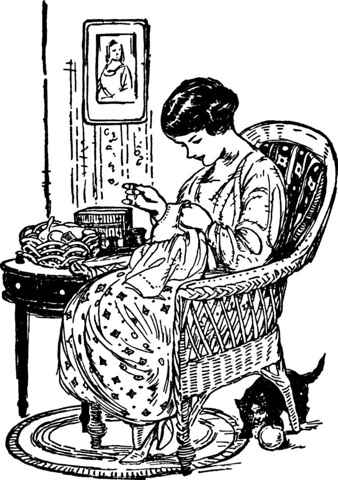 mulher consertando roupas enquanto está sentado em uma cadeira, ilustração vintage vetor