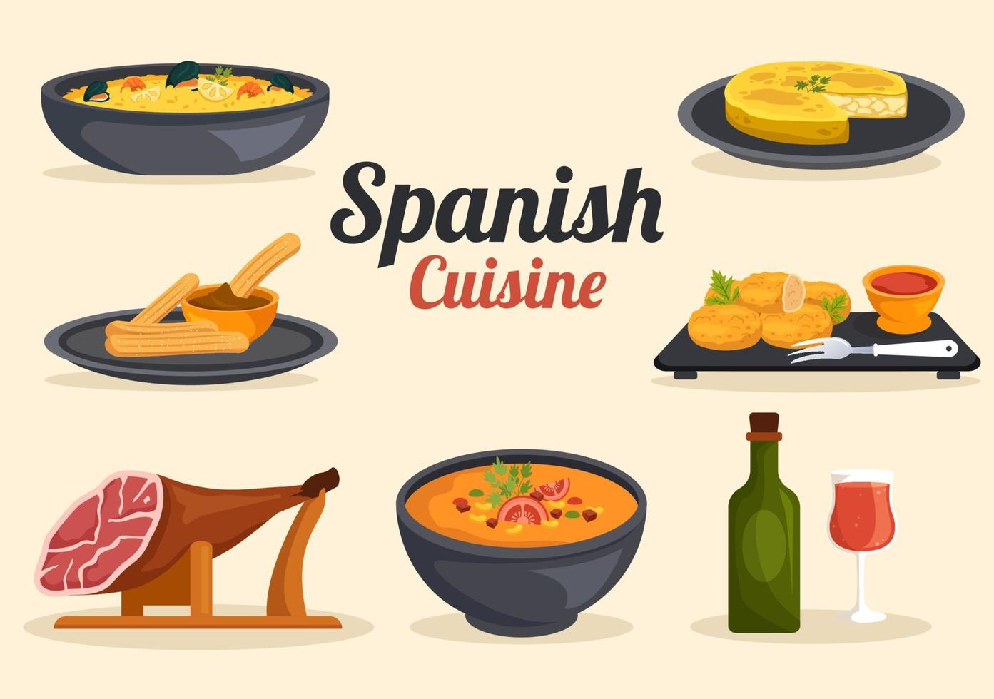 restaurante de menu de cozinha de comida espanhola com várias receitas de pratos tradicionais na ilustração de modelos desenhados à mão de desenhos animados planos vetor