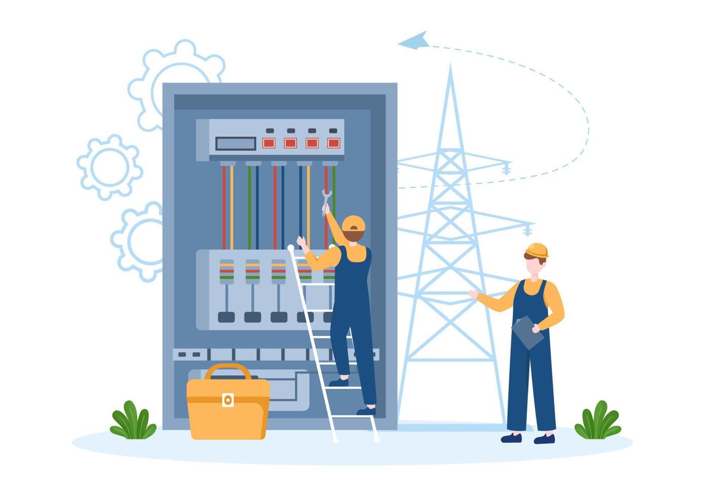 armário de painel de serviço de manutenção de energia de iluminação e eletricidade do trabalho elétrico técnico na ilustração de modelos desenhados à mão de desenhos animados planos vetor