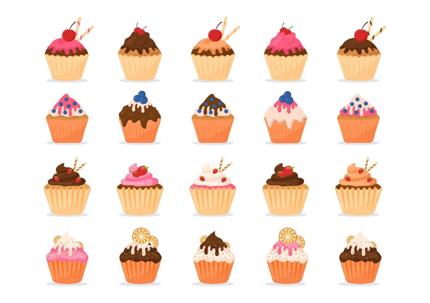 loja de doces que vende vários produtos de panificação, cupcake, bolo, pastelaria ou doces na ilustração de modelos desenhados à mão estilo cartoon plana vetor