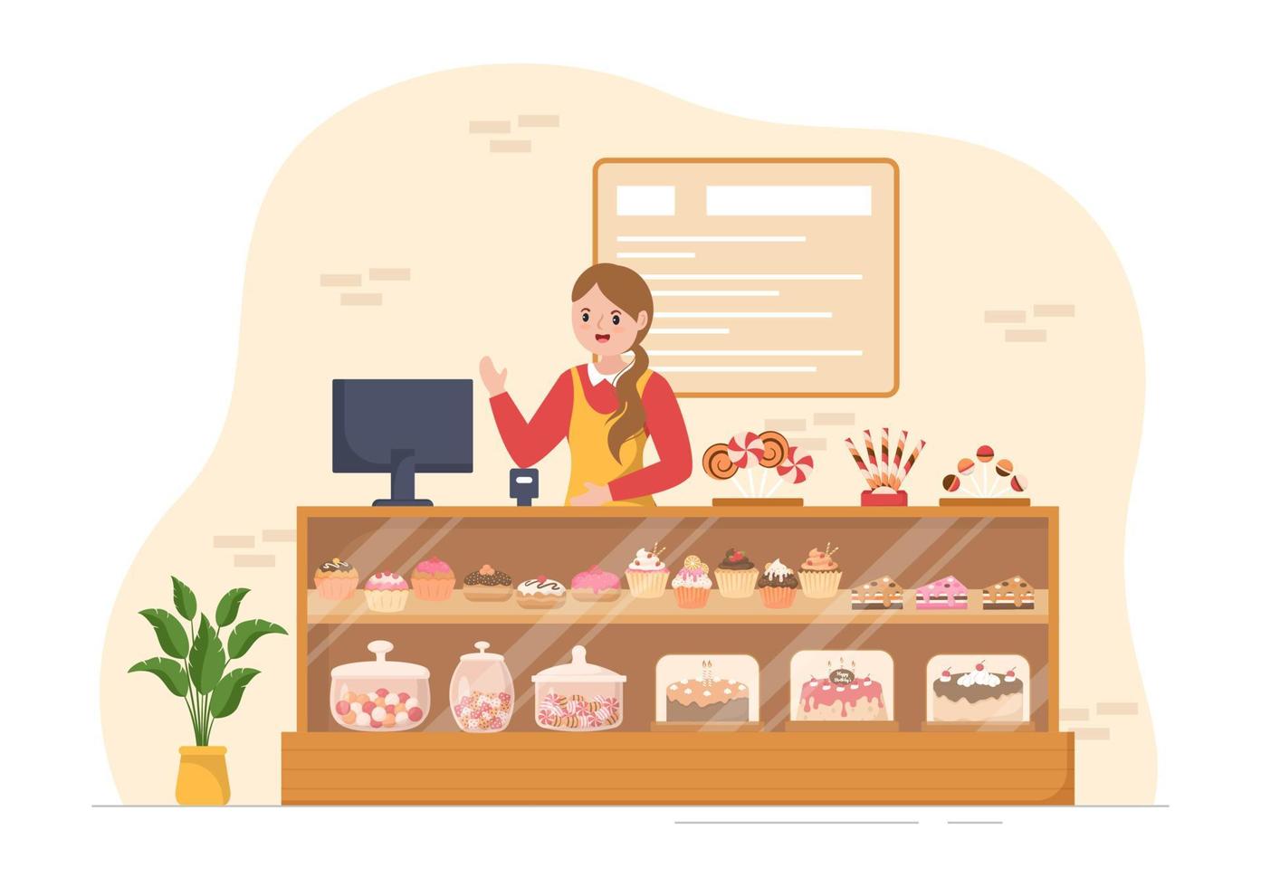 loja de doces que vende vários produtos de panificação, cupcake, bolo, pastelaria ou doces na ilustração de modelos desenhados à mão estilo cartoon plana vetor