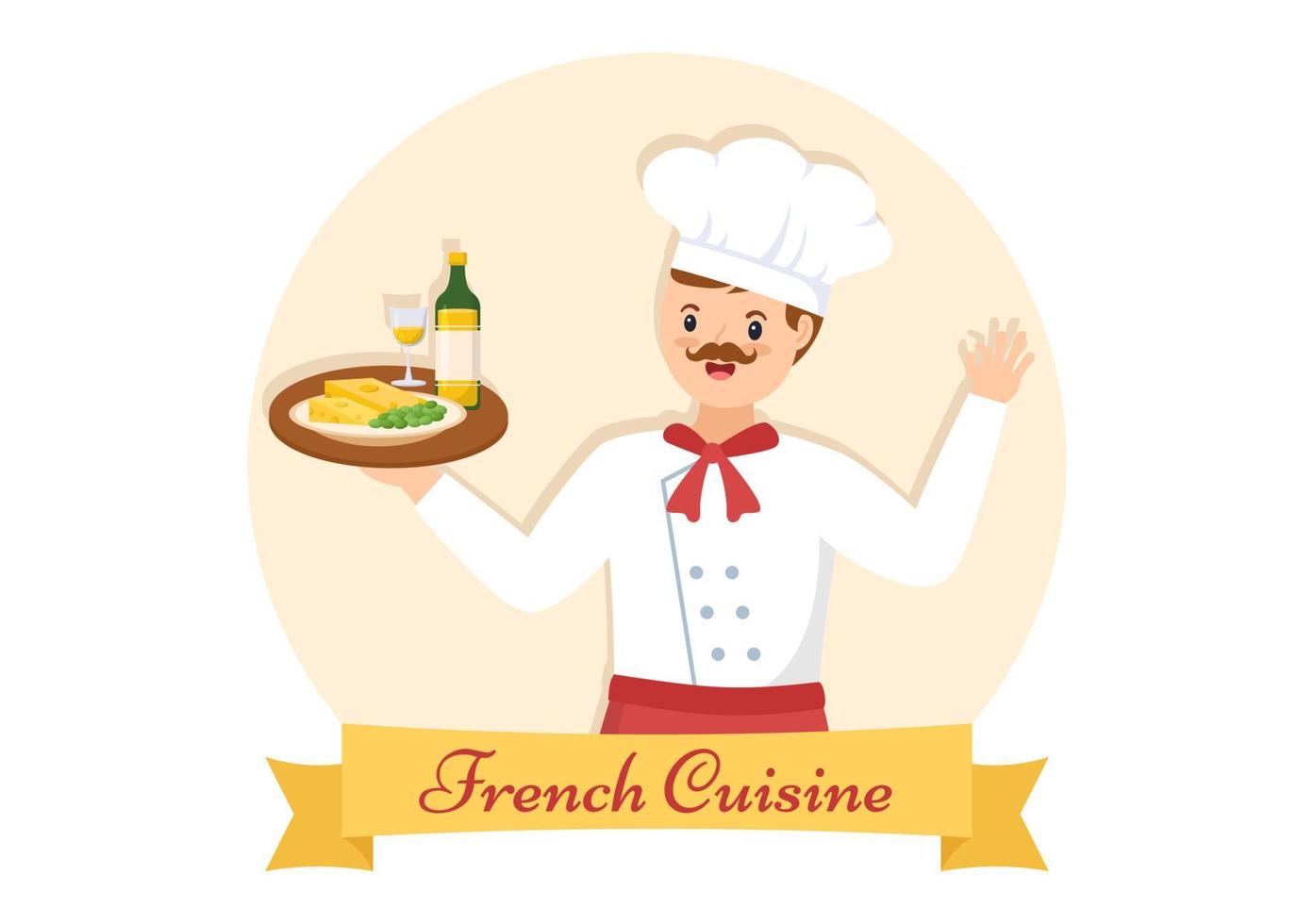 restaurante de cozinha francesa com vários pratos de comida tradicional ou nacional da frança na ilustração de modelos desenhados à mão dos desenhos animados de estilo plano vetor