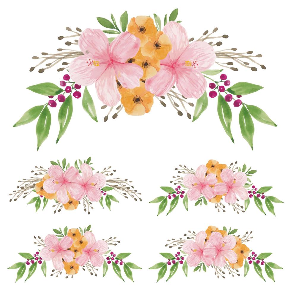 conjunto de buquê de flores de hibisco pintado à mão em aquarela vetor