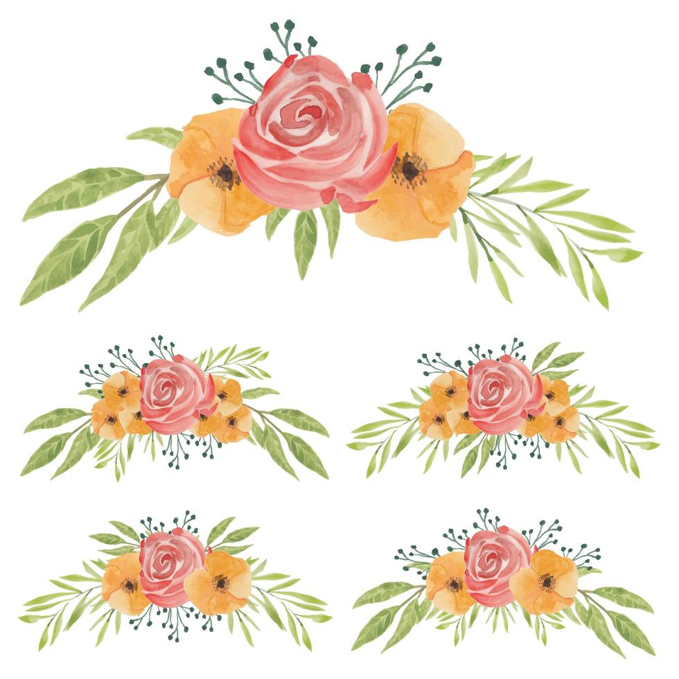 Conjunto de flores em aquarela pintadas à mão em vermelho e laranja vetor