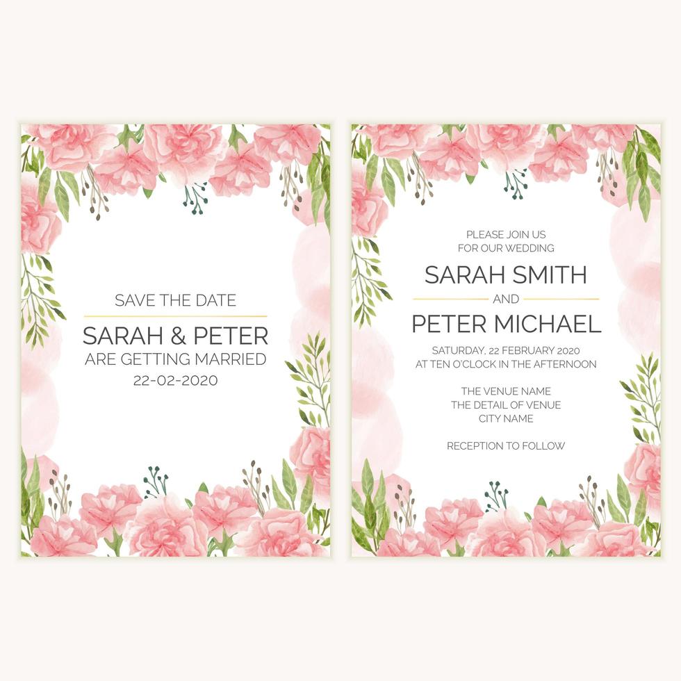 cartão de convite de casamento floral cravo em estilo aquarela vetor