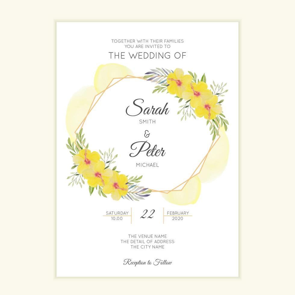 cartão de convite de casamento em aquarela com hibisco amarelo vetor