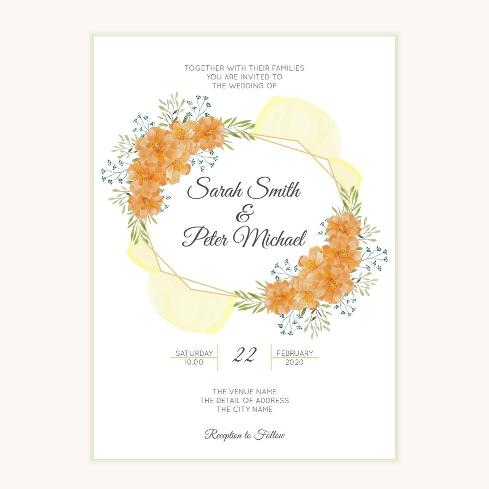 cartão de convite de casamento em aquarela com borda de flor dourada vetor