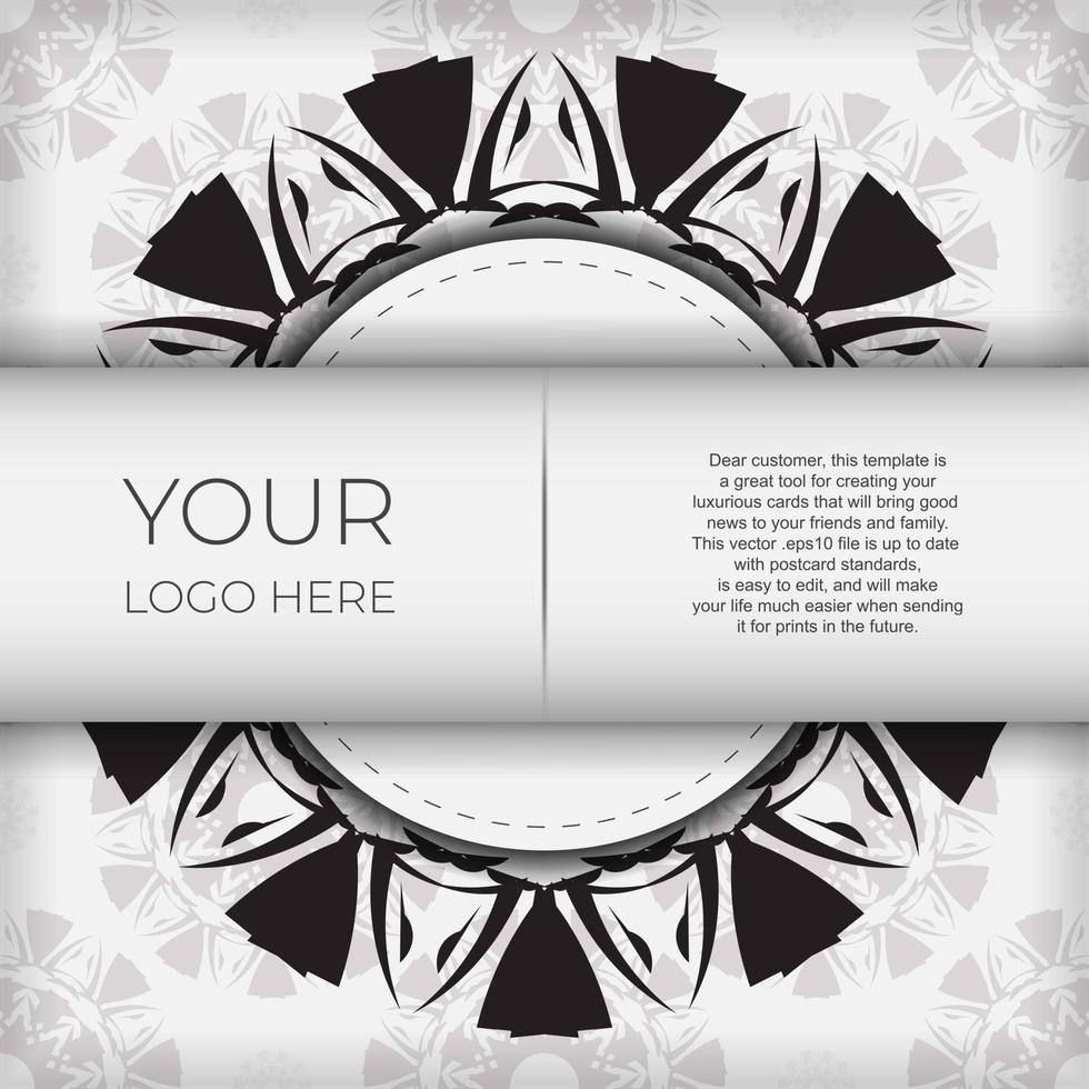 design de cartão postal de cor branca luxuoso com ornamentos pretos. cartão de convite de vetor com lugar para o seu texto e padrões abstratos.