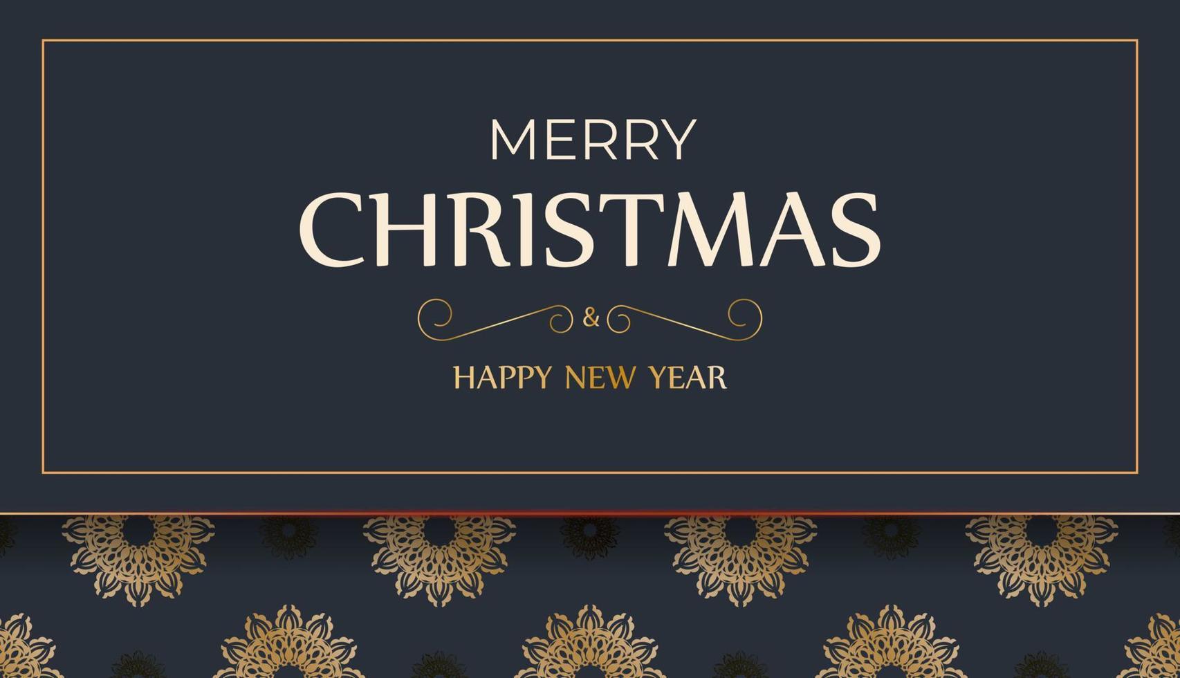 feliz natal e feliz ano novo panfleto azul escuro com ornamentos de ouro de luxo vetor