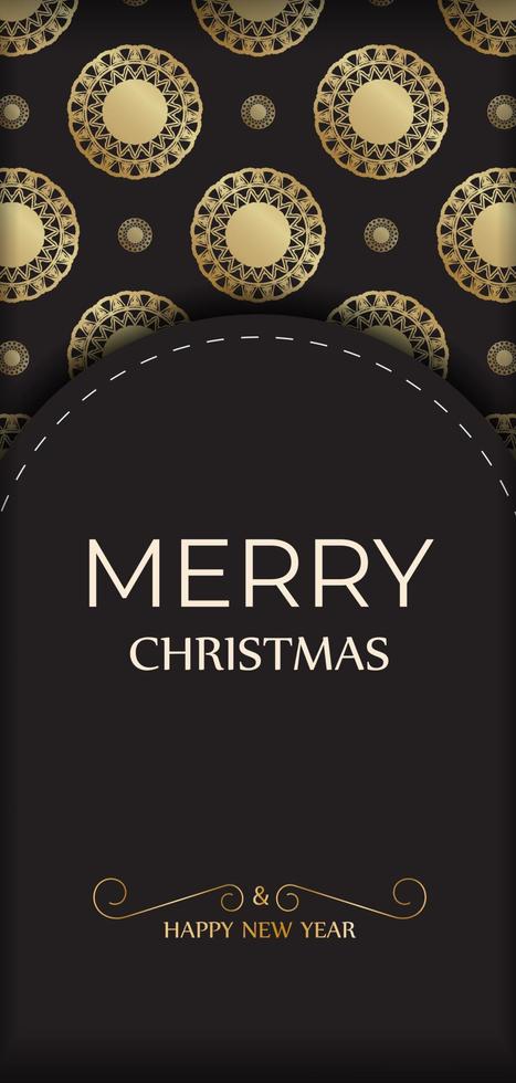 cartão feliz ano novo e feliz natal na cor preta com ornamentos de ouro. vetor