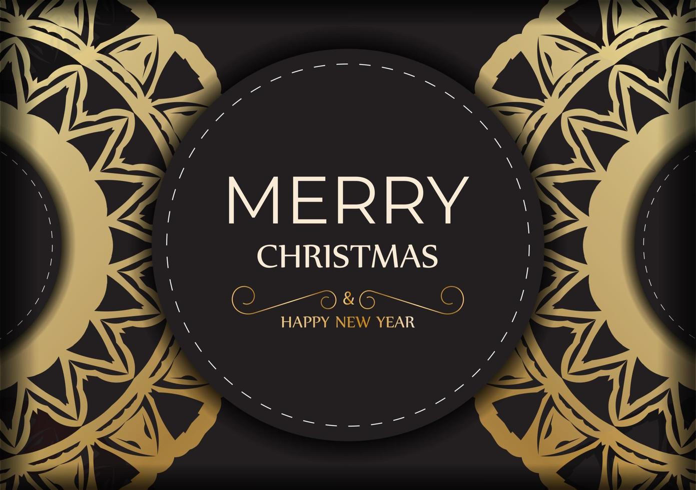 modelo de cartão feliz ano novo e feliz natal na cor preta com ornamento de ouro. vetor