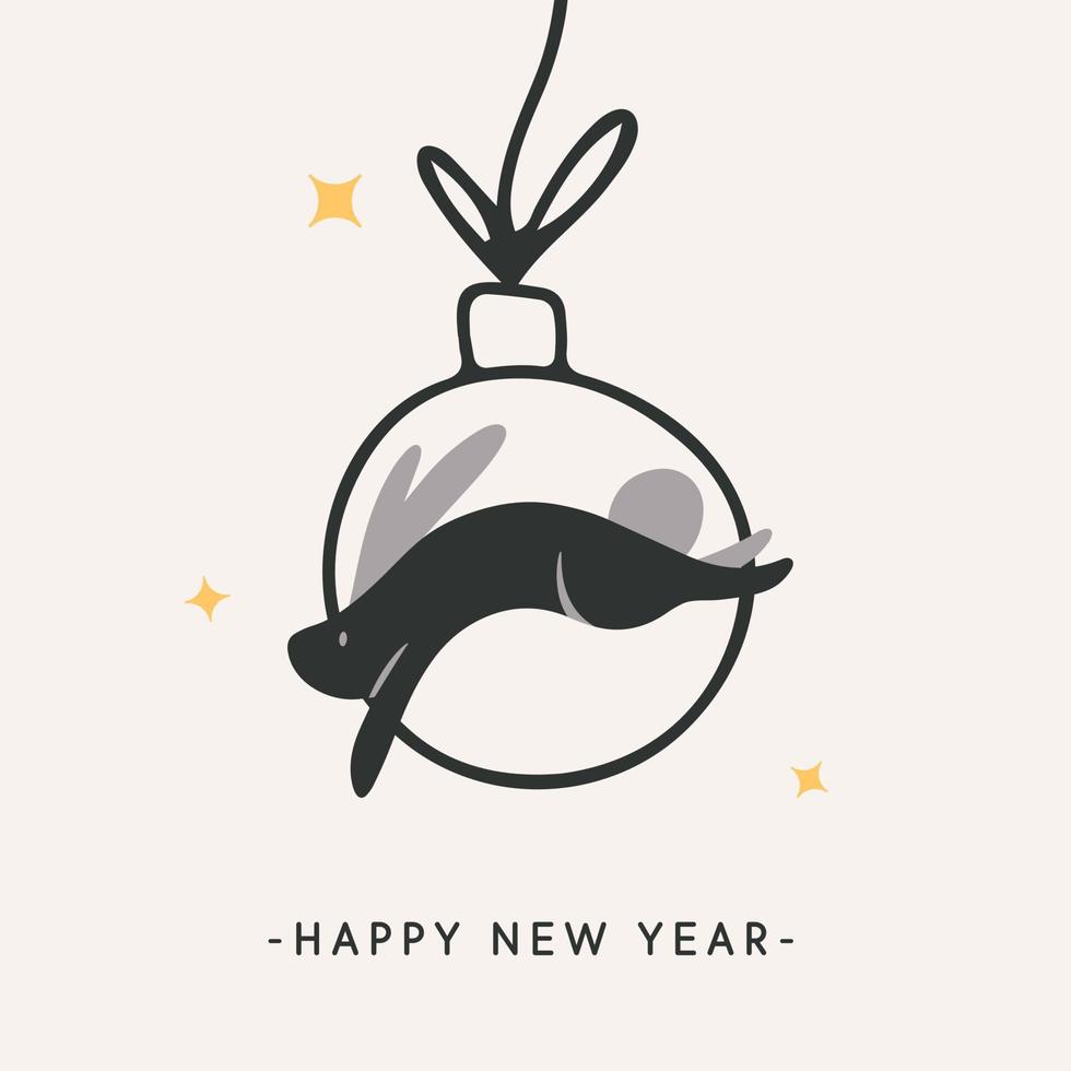 cartão de natal desenhado à mão e feliz ano novo com coelho pulando preto dentro da bola em design de estilo escandinavo vetor