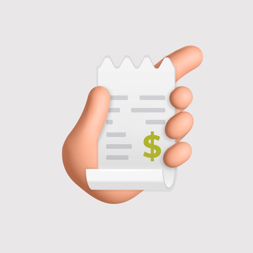mão feminina de vetor 3d segura folha de papel de conta de pagamento ícone de fatura desenho de renderização
