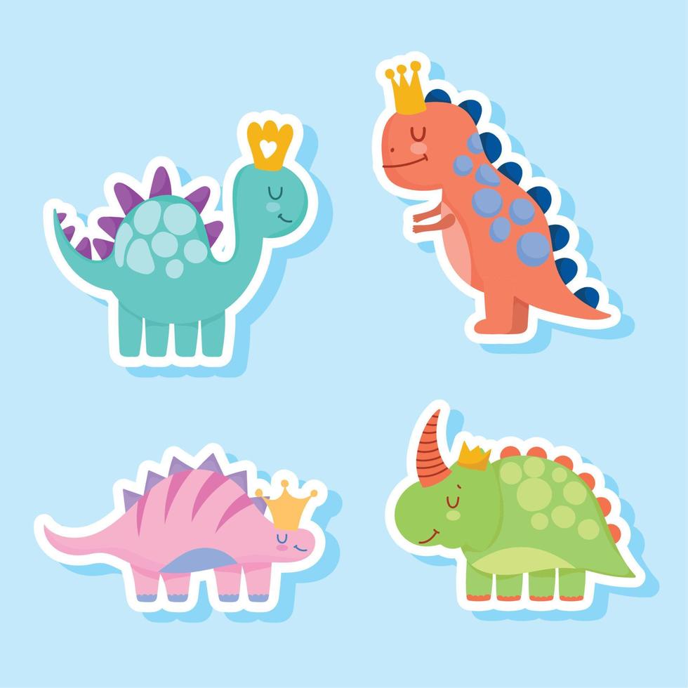 dinossauros fofos desenhos animados de animais pré-históricos em estilo adesivo vetor