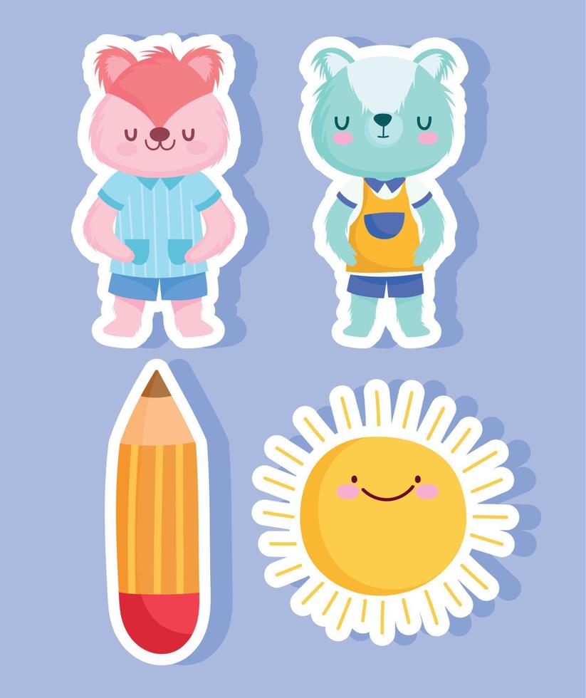 volta para a escola, guaxinim gato fofo com lápis uniforme e desenhos animados de ícones de adesivos de sol vetor
