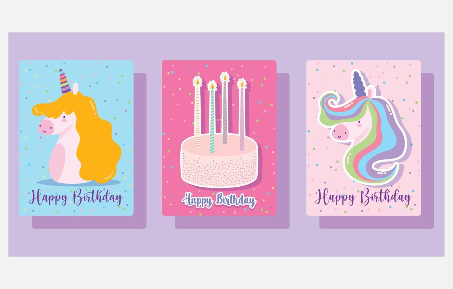 feliz aniversário, bolo de unicórnios fofos e banner de decoração de celebração de desenhos animados de velas vetor