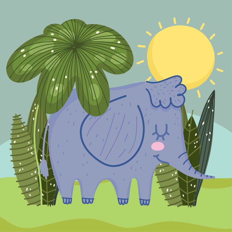 elefante fofo na selva natureza folhagem dia ensolarado desenhos animados vetor
