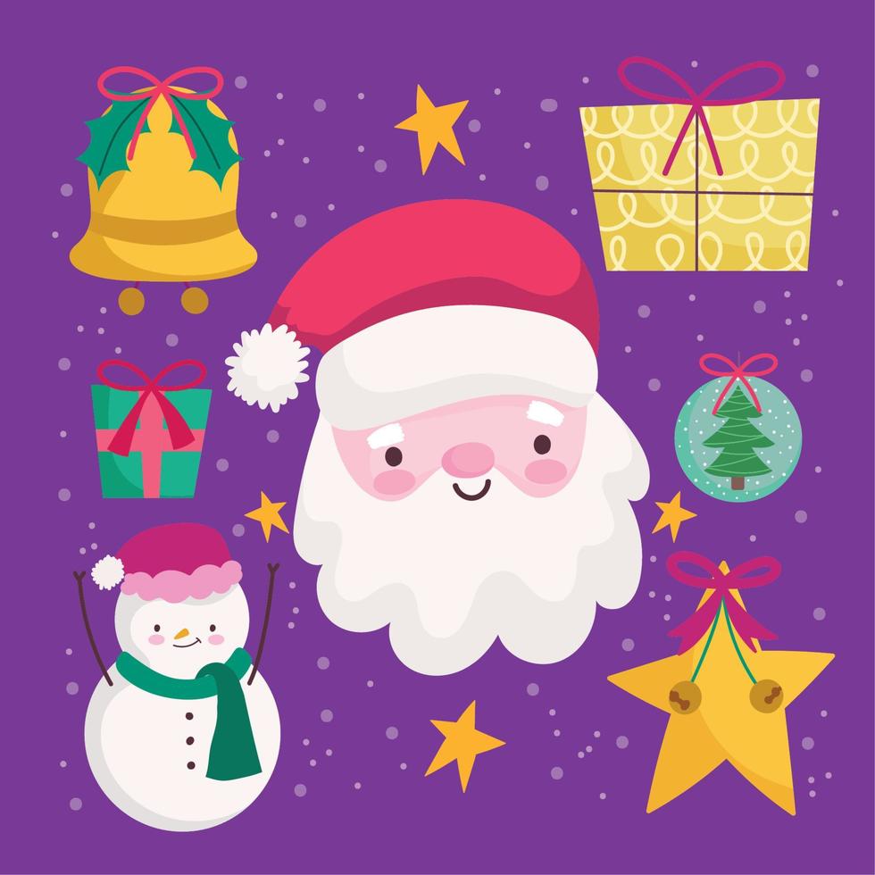 feliz natal, decoração de presente de estrela de boneco de neve de papai noel e ícones de temporada de ornamento vetor