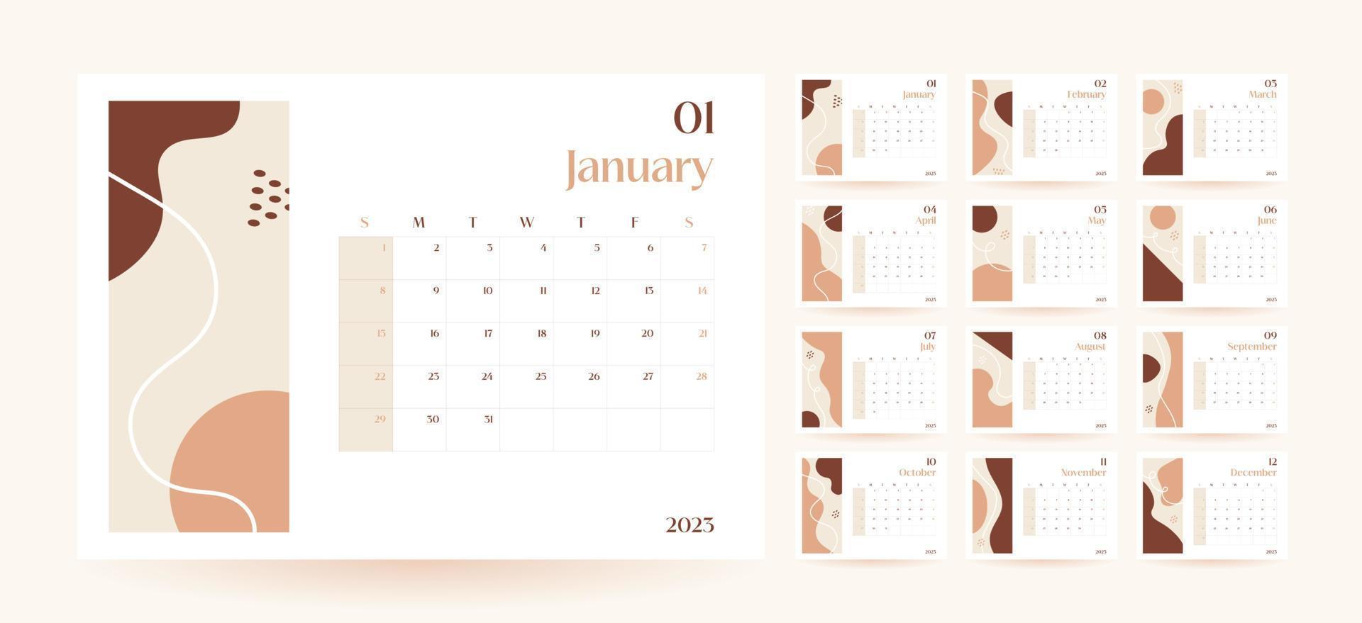 modelo de calendário de parede mensal 2023 em estilo minimalista moderno, conceito de capa, conjunto de calendário de mesa de 12 páginas, design de planejador de calendário mínimo 2023 para impressão de modelo em bege vetor